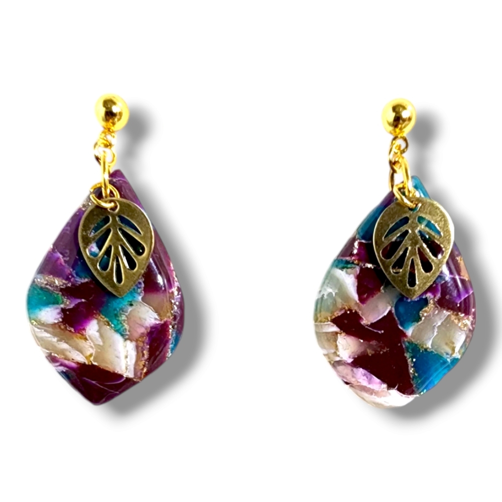Handmade Purple, Teal, with Gold foilPolymer Clay Earrings/ Gold Leaf Charms - Picture 3 of 3